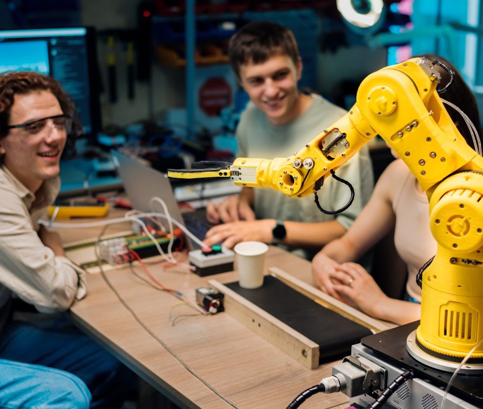 Group of young people doing experiments in robotics in a laboratory